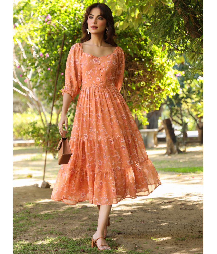     			Janasya Georgette Printed Calf-Length Women's Fit & Flare Dress - Orange ( Pack of 1 )