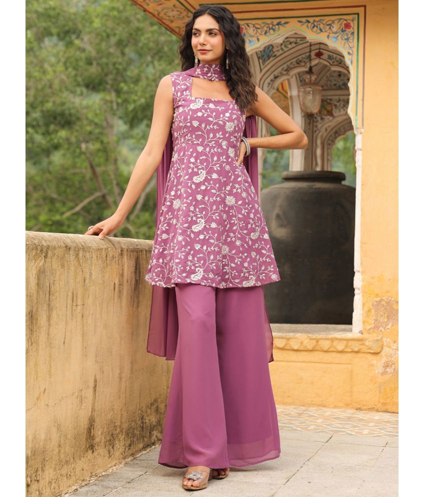     			Janasya Georgette Solid Kurti With Pants Women's Stitched Salwar Suit - Lavender ( Pack of 1 )