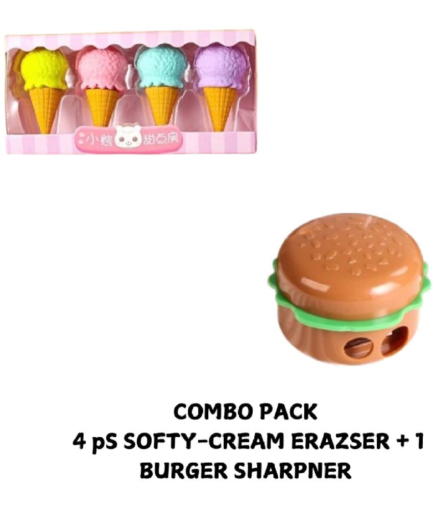     			Kalra Magic  4 Pcs Ice-Cream Erasers + 1 Burger Sharpener | Cute & Fun Stationery Set