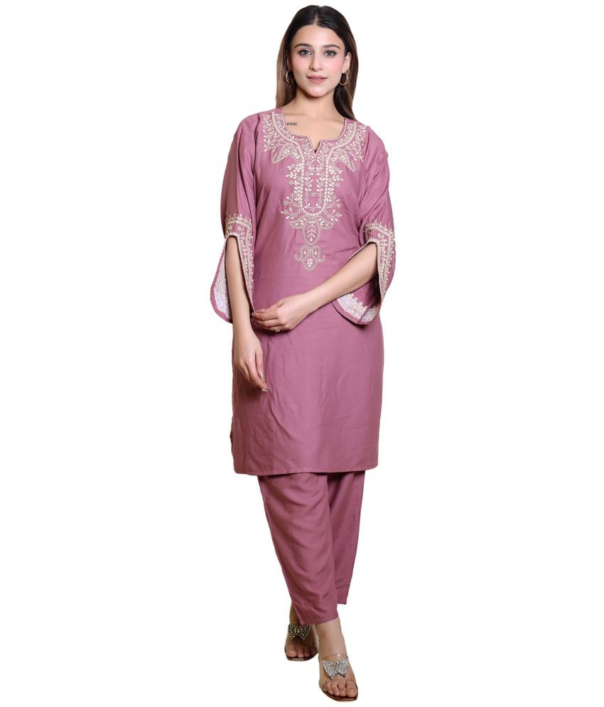     			HeteShe Cotton Embroidered Kurti With Pants Women's Stitched Salwar Suit - Lavender ( Pack of 1 )