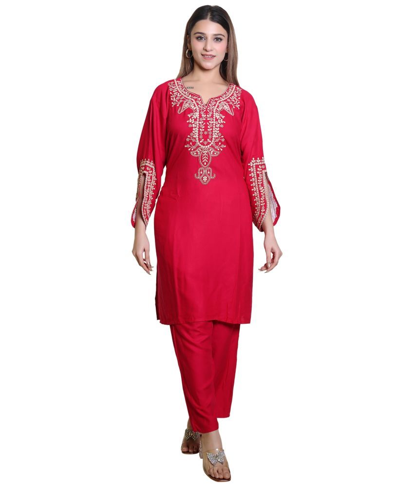     			HeteShe Cotton Embroidered Kurti With Pants Women's Stitched Salwar Suit - Magenta ( Pack of 1 )