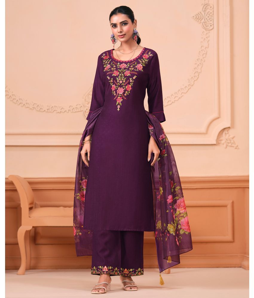     			MOJILAA Viscose Embroidered Kurti With Palazzo Women's Stitched Salwar Suit - Purple ( Pack of 1 )