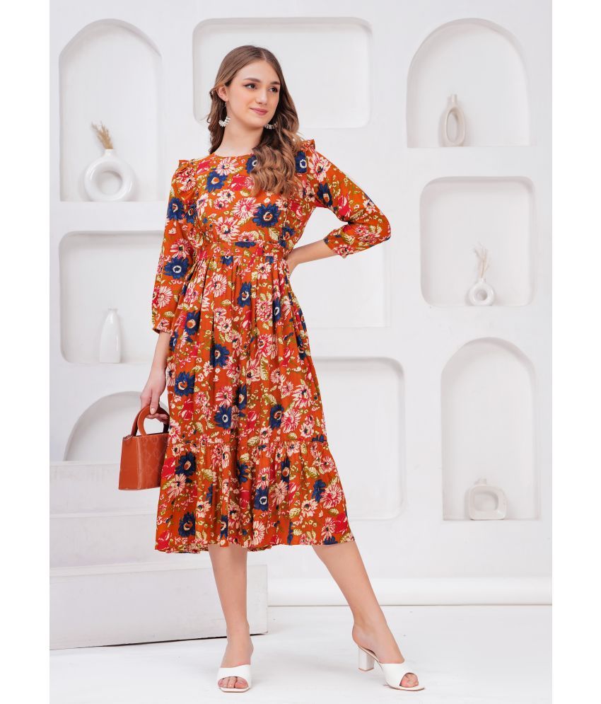     			Oh Mi Dios Viscose Rayon Printed Calf-Length Women's Fit & Flare Dress - Orange ( Pack of 1 )