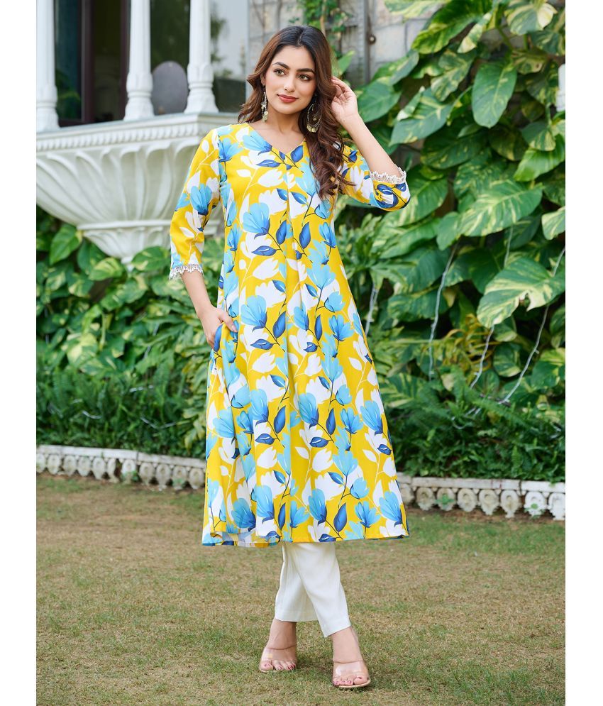     			VIBE VISION Silk Blend Printed Kurti With Pants Women's Stitched Salwar Suit - Yellow ( Pack of 1 )