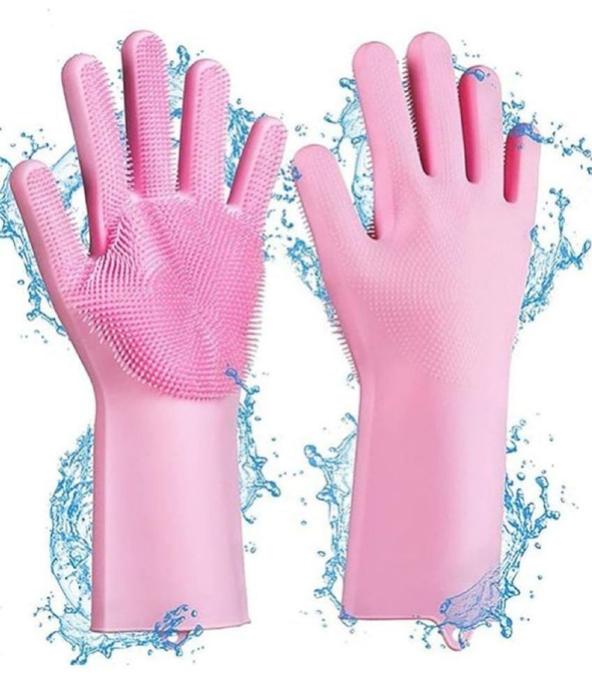     			Gjshop Pink Silicone Free Size Cleaning Glove Set ( Pack of 1 )