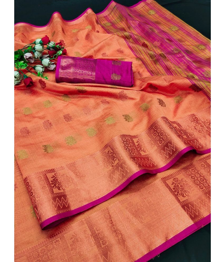     			IndShopMart Asaam Silk Woven Saree With Blouse Piece ( Orange , Pack of 1 )