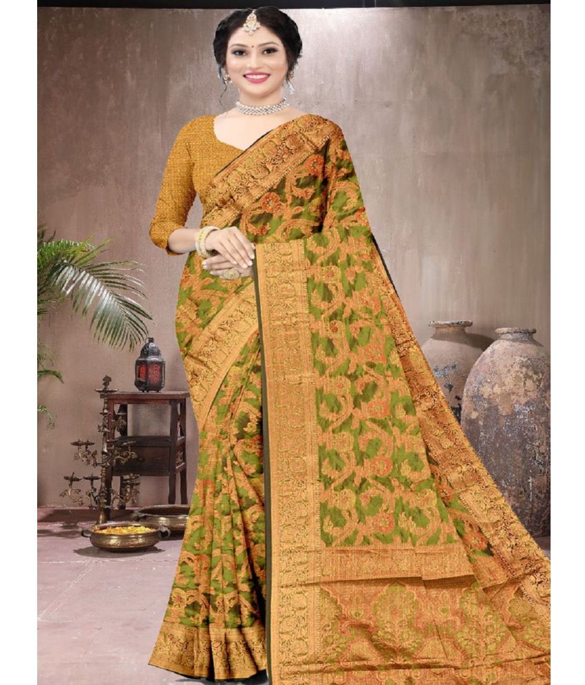     			IndShopMart Organza Woven Saree With Blouse Piece ( Olive , Pack of 1 )