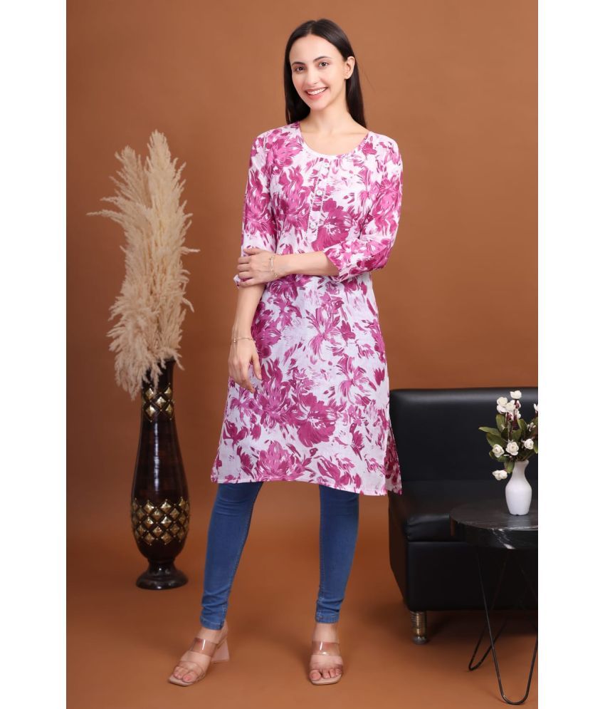     			SLAFIN Pack of 1 Cotton Blend Printed Straight Women's Kurti - ( Fluorescent Pink )