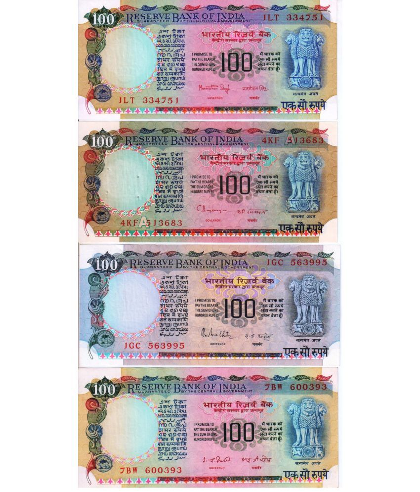     			Extreme Rare 100 Rupees UNC Agricluture Issue 4 Notes Signed By 4 Different Governers