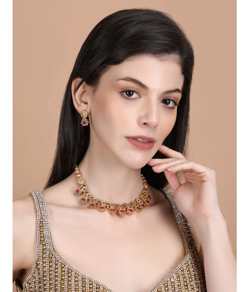     			FASHION FRILL Golden Brass Necklace Set ( Pack of 3 )