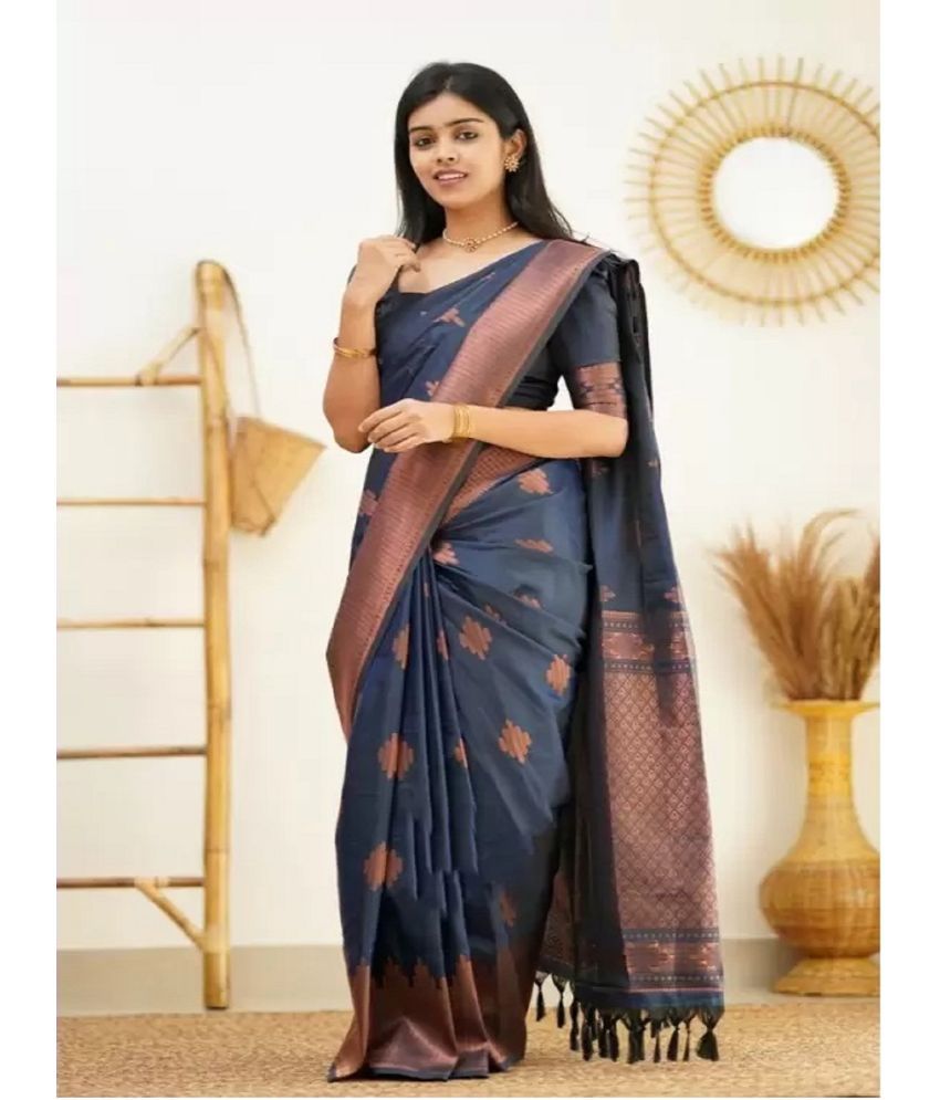     			KV Fashion Banarasi Silk Embellished Saree With Blouse Piece ( Navy Blue , Pack of 1 )