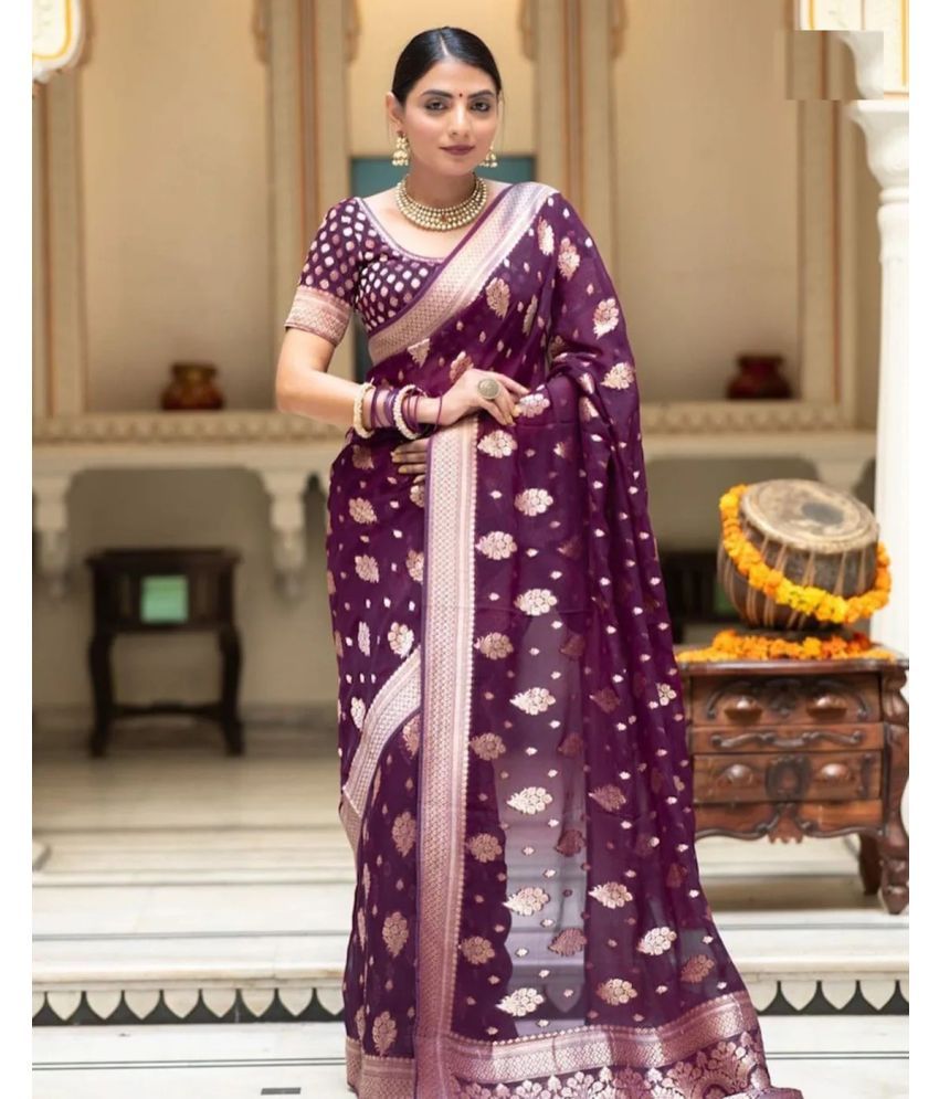     			KV Fashion Banarasi Silk Embellished Saree With Blouse Piece ( Purple , Pack of 1 )