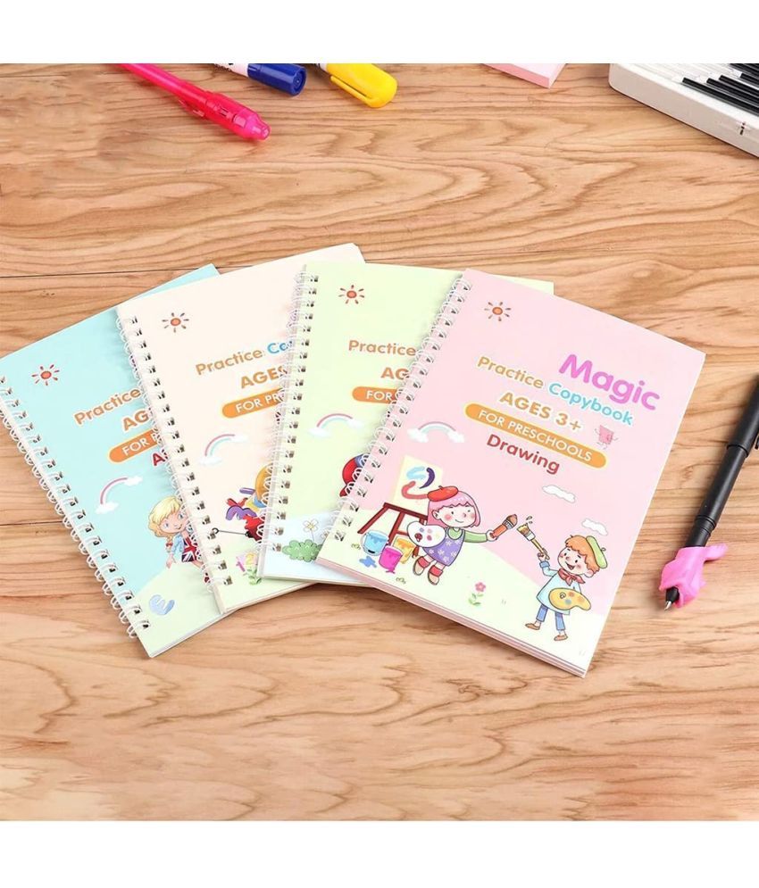     			Magic Practice Copy Book Set of 4 | Alphabets, Maths, Numbers & Drawing | Reusable Handwriting Practice Books for Kids with Pen and 10 Refills | Erasable Writing Books