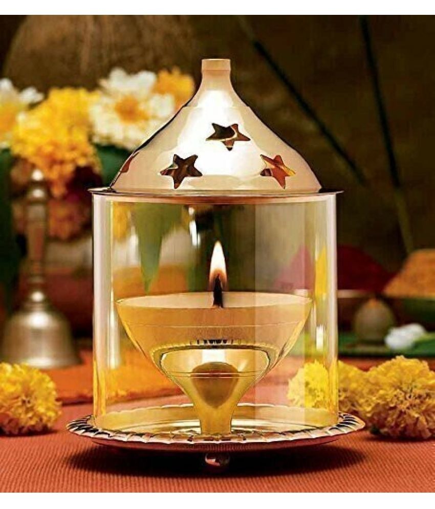     			T-KA108 Diya Brass & Glass Oil Lamp Lantern, Borosilicate Glass Cylinderical Shaped ( 6 inches )