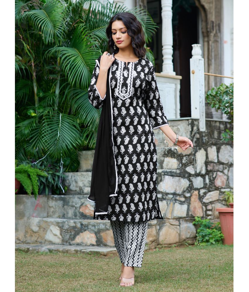     			VIBE VISION Silk Blend Printed Kurti With Pants Women's Stitched Salwar Suit - Black ( Pack of 1 )