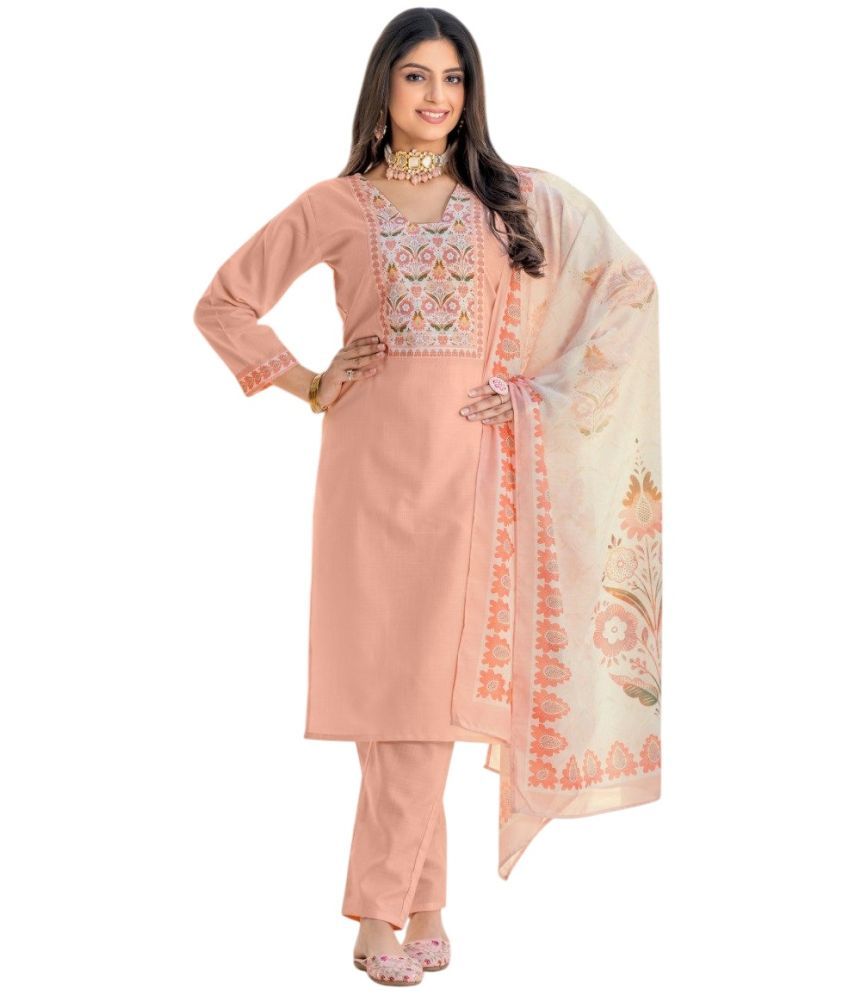     			A TO Z CART Cotton Printed Kurti With Pants Women's Stitched Salwar Suit - Peach ( Pack of 1 )