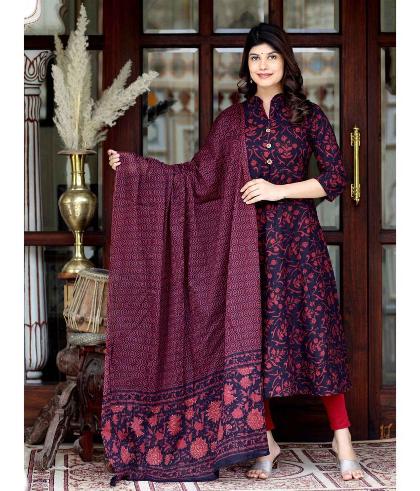     			Angiya Pack of 1 Cotton Printed Anarkali Women's Kurti - ( Maroon )