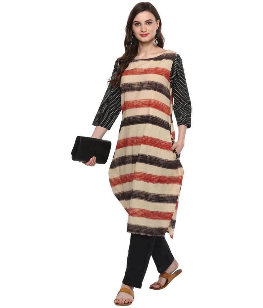     			Pannkh Pack of 1 Cotton Printed Asymmetrical Women's Kurti - ( Beige )