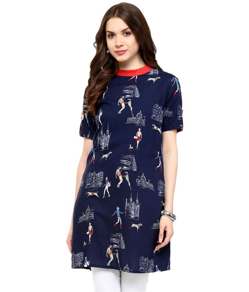     			Pannkh Pack of 1 Cotton Printed Asymmetrical Women's Kurti - ( Navy Blue )