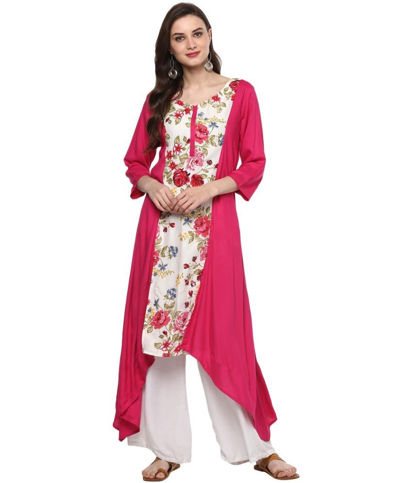     			Pannkh Pack of 1 Cotton Colorblock Asymmetrical Women's Kurti - ( Pink )