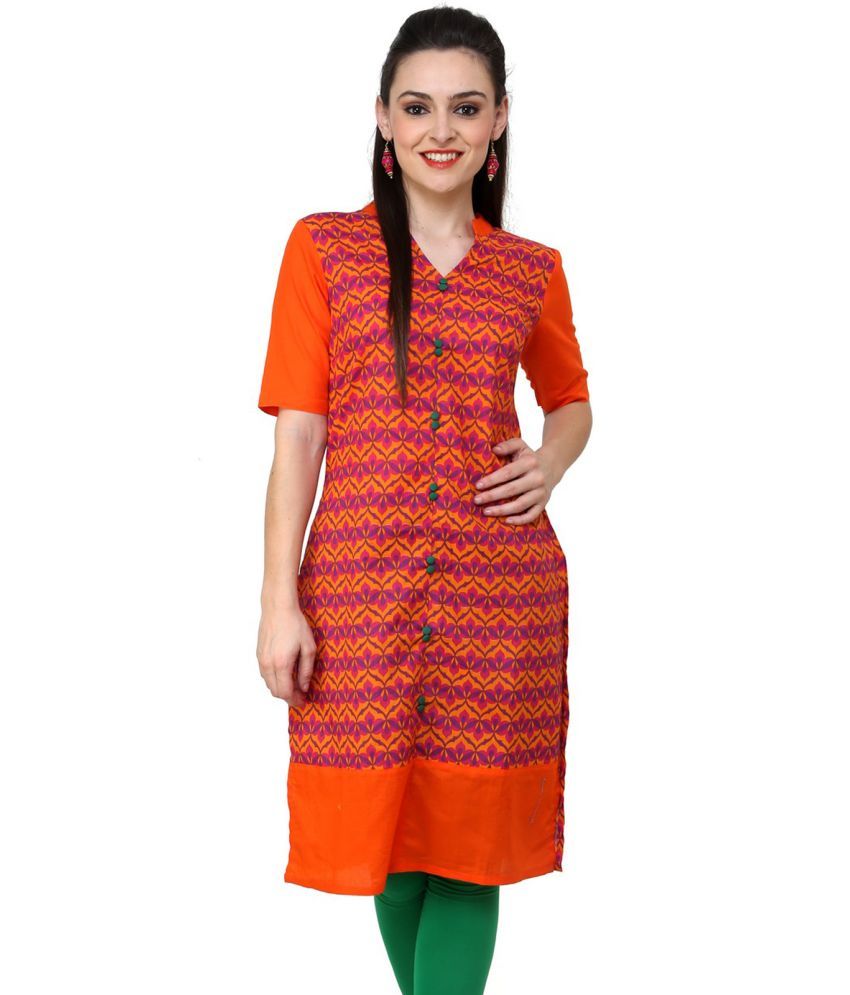     			Pannkh Pack of 1 Cotton Printed Asymmetrical Women's Kurti - ( Orange )