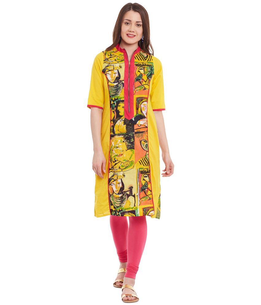     			Pannkh Pack of 1 Cotton Printed Asymmetrical Women's Kurti - ( Yellow )