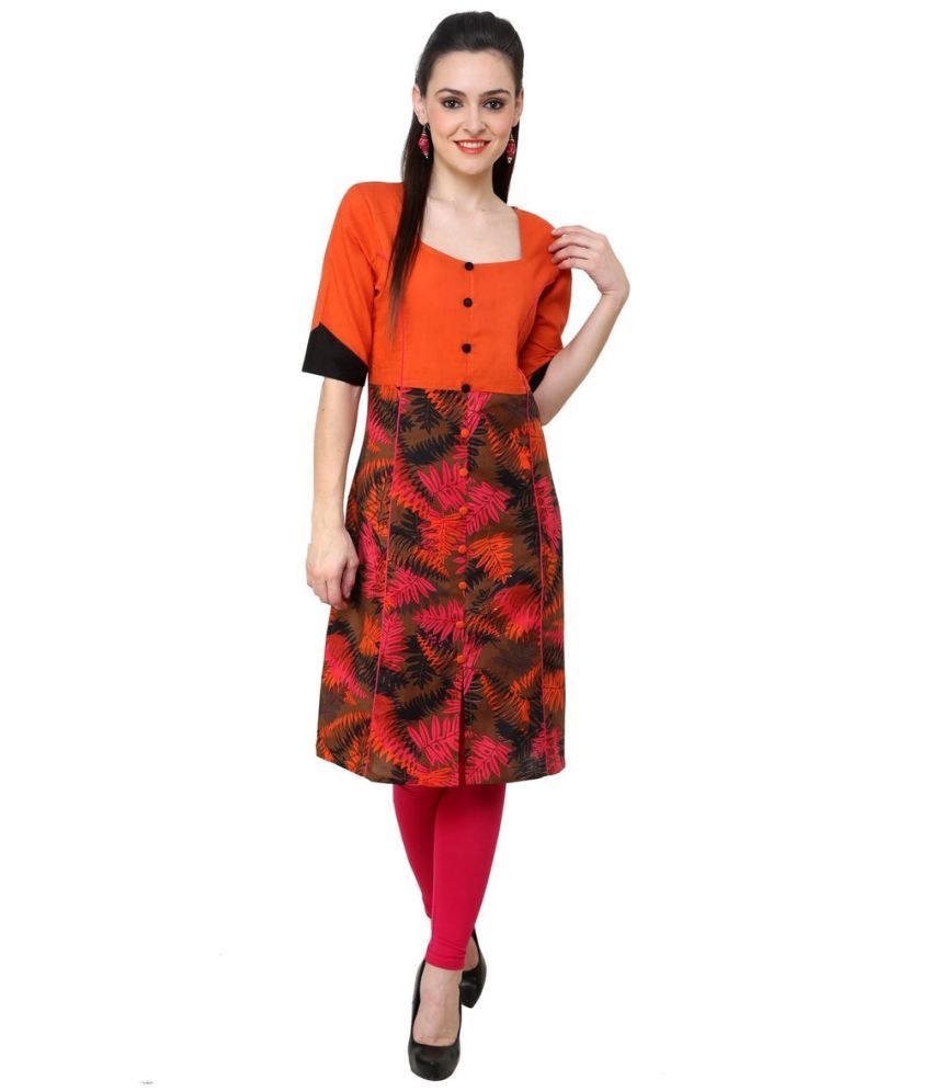     			Pannkh Pack of 1 Cotton Printed Asymmetrical Women's Kurti - ( Orange )