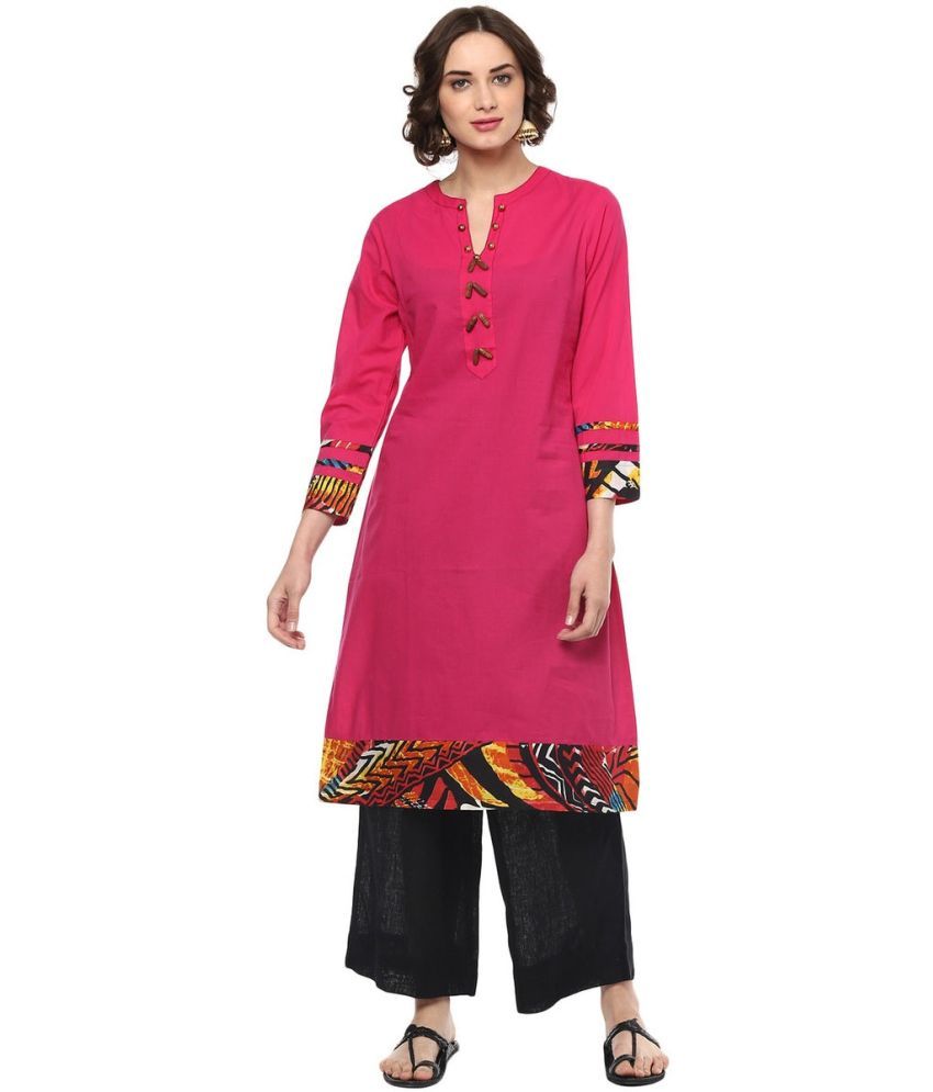     			Pannkh Pack of 1 Cotton Printed Asymmetrical Women's Kurti - ( Pink )