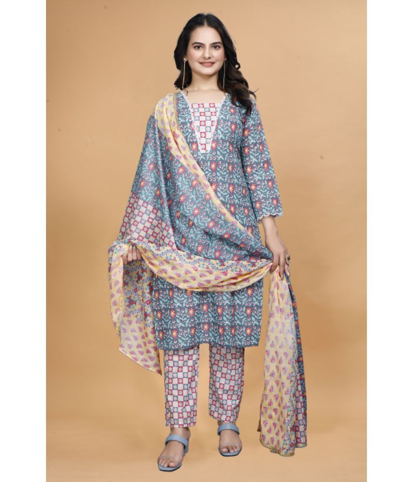     			SHRIMORI Cotton Printed Kurti With Pants Women's Stitched Salwar Suit - Light Grey ( Pack of 1 )