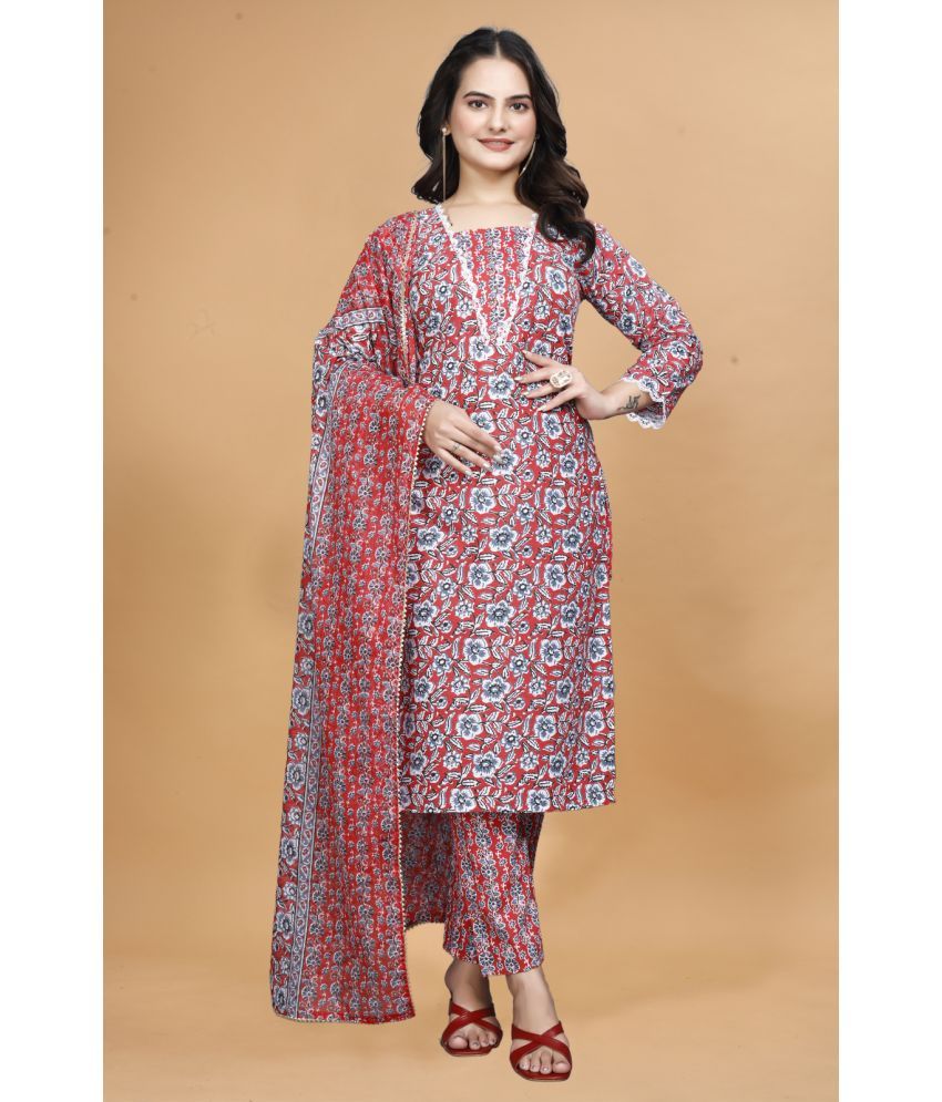     			Sanjana Silks Cotton Printed Kurti With Pants Women's Stitched Salwar Suit - Red ( Pack of 1 )