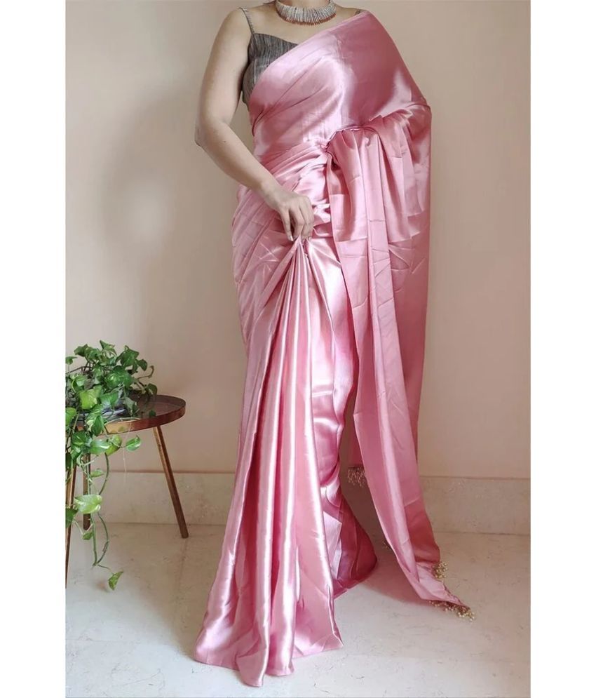     			Suntex Satin Solid Saree With Blouse Piece ( Pink , Pack of 1 )