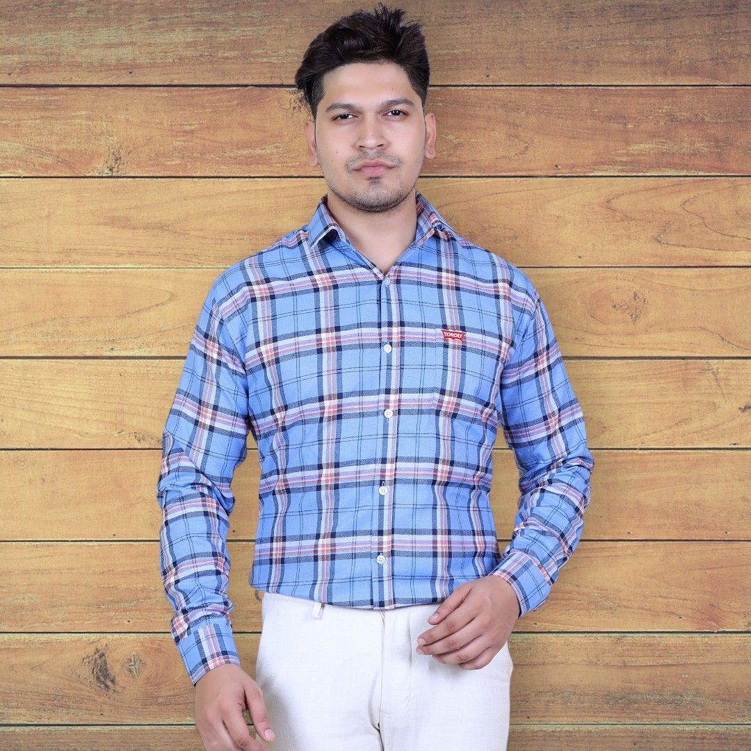     			TOROLY Cotton Blend Slim Fit Checks Full Sleeves Men's Casual Shirt - Light Blue ( Pack of 1 )