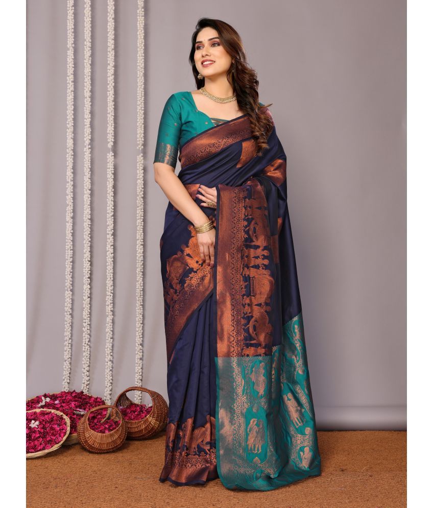     			Vastukala Silk Solid Saree With Blouse Piece ( Navy Blue , Pack of 1 )