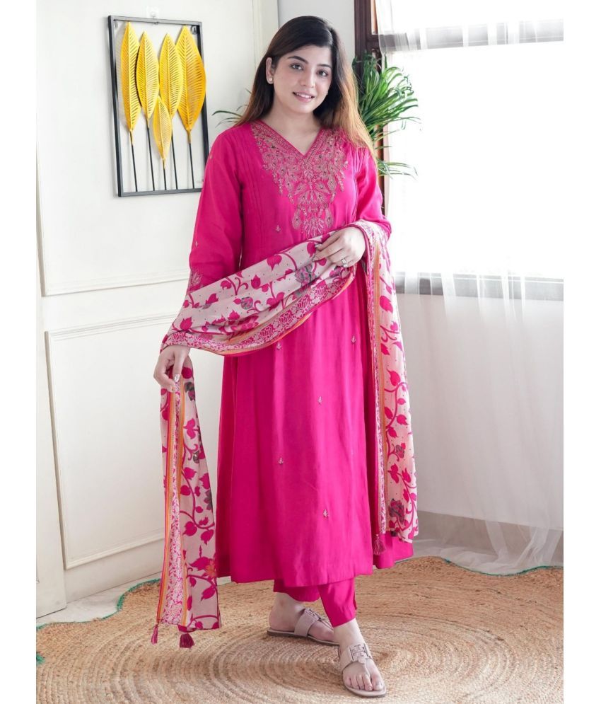     			Niza Fashion Chanderi Embroidered Kurti With Pants Women's Stitched Salwar Suit - Pink ( Pack of 1 )