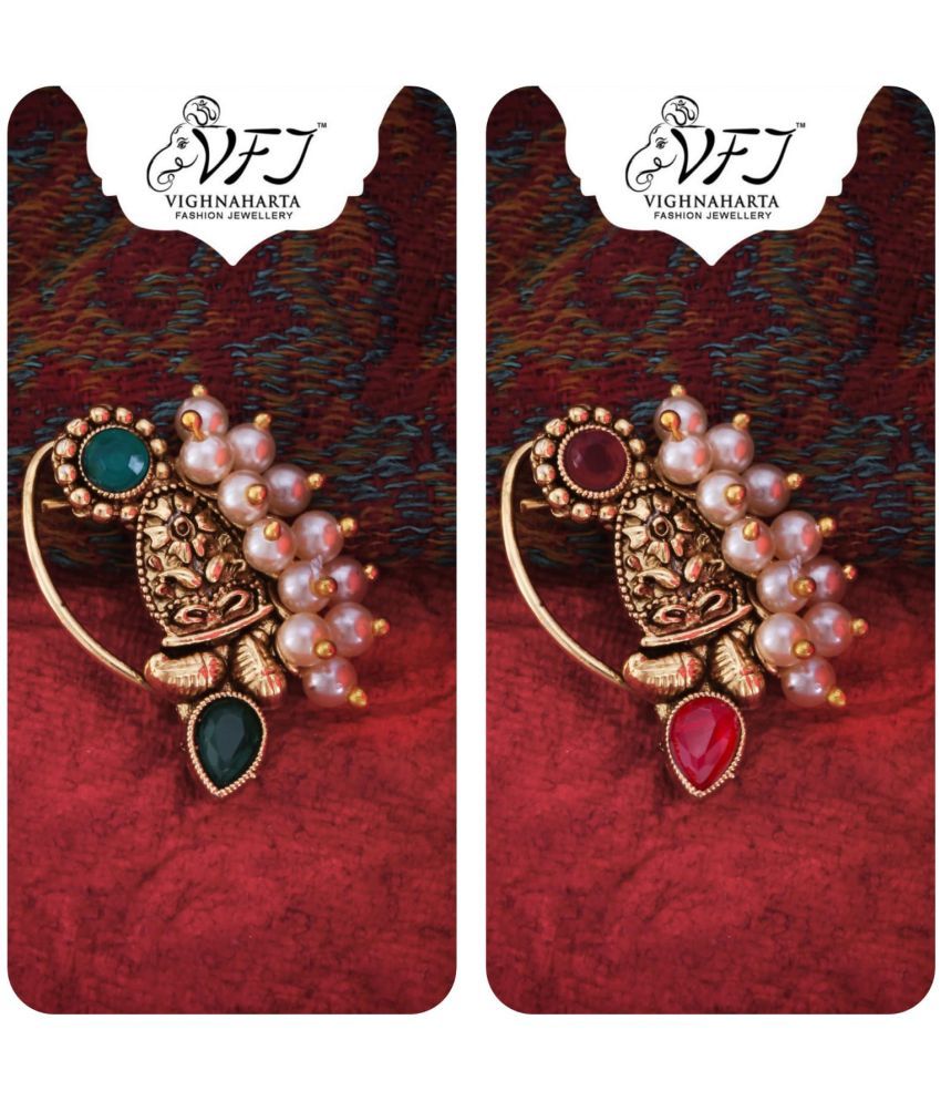     			Vighnaharta Artificial stone and Pearls moti Nath Nathiya./ Nose Pin combo 2 nath for women and Girls[VFJ1257NTH-PRESS-GREEN&RED]