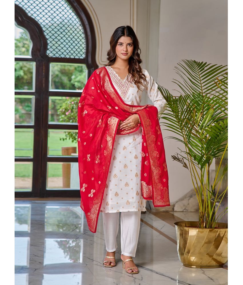     			Vividvibe Silk Blend Embroidered Kurti With Pants Women's Stitched Salwar Suit - White ( Pack of 1 )