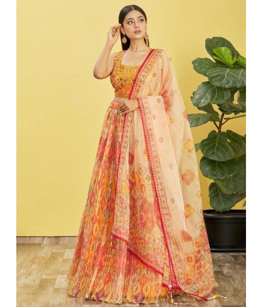     			piludi Yellow Organza Straight Semi Stitched Lehenga Single