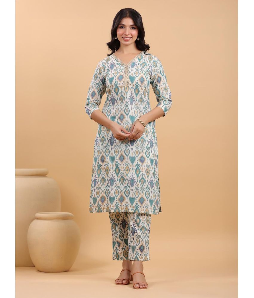     			Janasya Cotton Printed Kurti With Pants Women's Stitched Salwar Suit - Off White ( Pack of 1 )