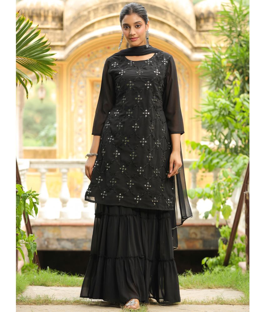     			Janasya Georgette Embellished Kurti With Sharara And Gharara Women's Stitched Salwar Suit - Black ( Pack of 1 )