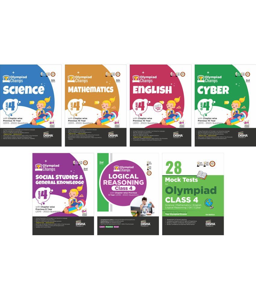     			Olympiad Champs Science, Mathematics, English, Logical Reasoning, Cyber & GK Class 4 with 28 Mock Tests (set of 7 books) 3rd Edition