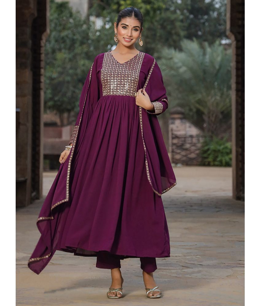     			Vaamsi Georgette Embroidered Kurti With Pants Women's Stitched Salwar Suit - Burgundy ( Pack of 1 )