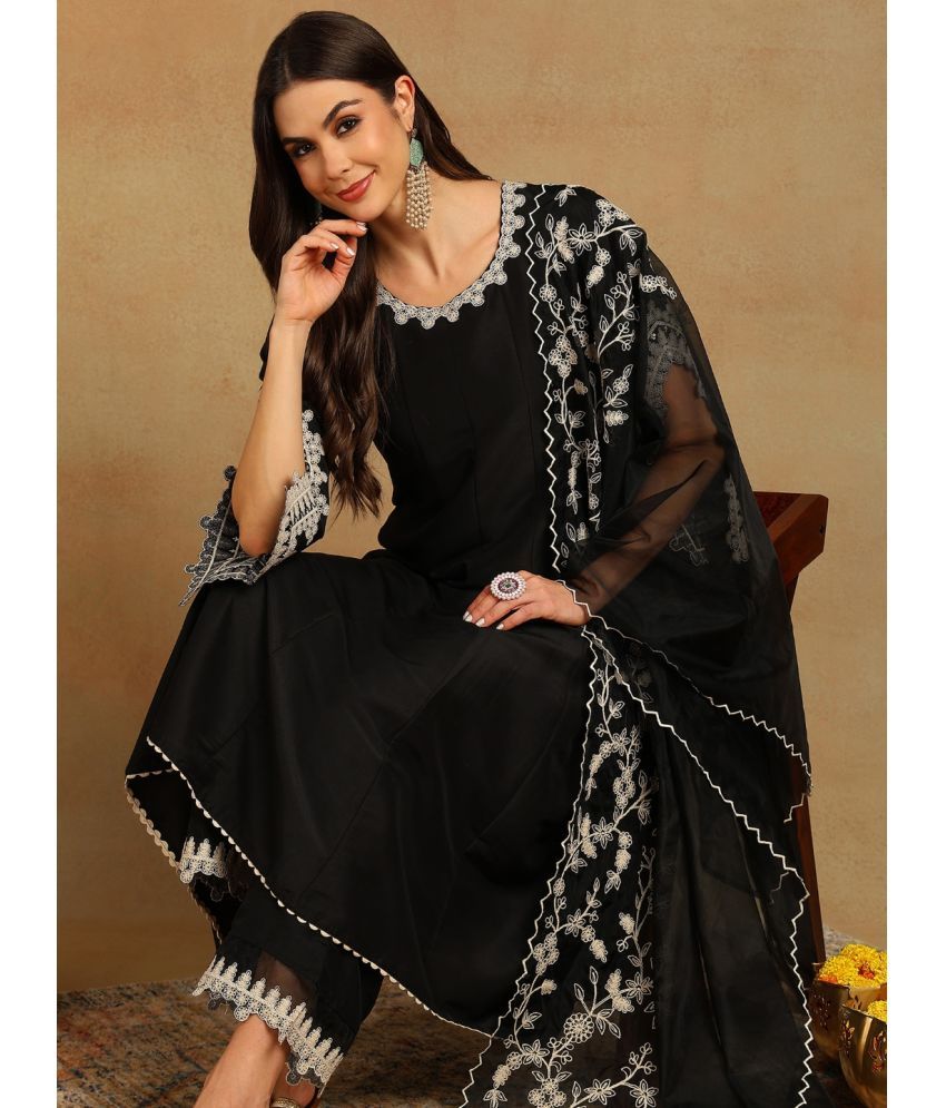     			Vaamsi Silk Blend Embroidered Kurti With Palazzo Women's Stitched Salwar Suit - Black ( Pack of 1 )