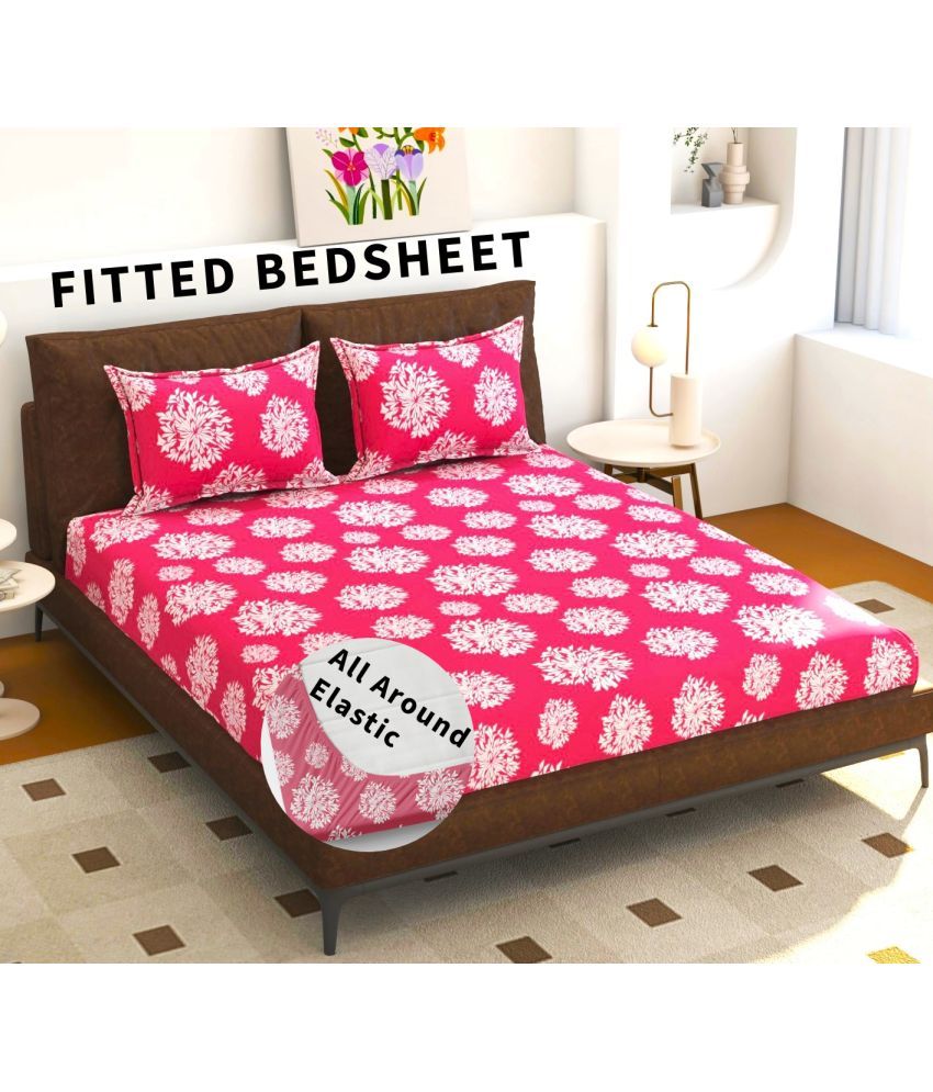     			Blinkberry Cotton Floral Fitted 1 Bedsheet with 2 Pillow Covers ( King Size ) - Pink