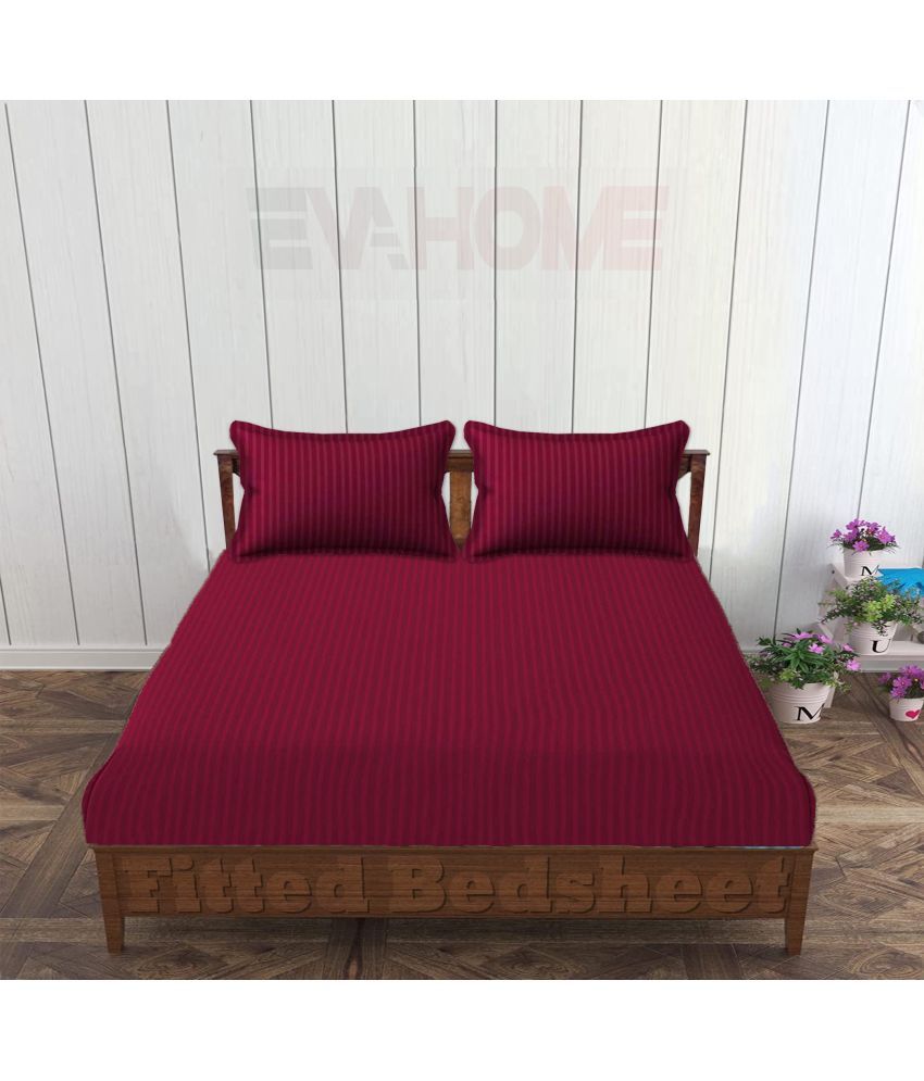     			EVAHOME Cotton Vertical Striped Fitted 1 Bedsheet with 2 Pillow Covers ( King Size ) - Maroon