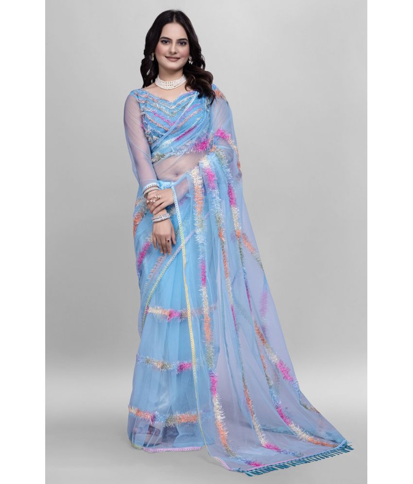     			KV Fashion Net Embroidered Saree With Blouse Piece ( SkyBlue , Pack of 1 )