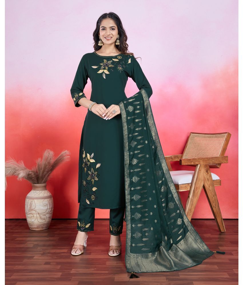     			MOJILAA Viscose Embroidered Kurti With Pants Women's Stitched Salwar Suit - Dark Green ( Pack of 1 )