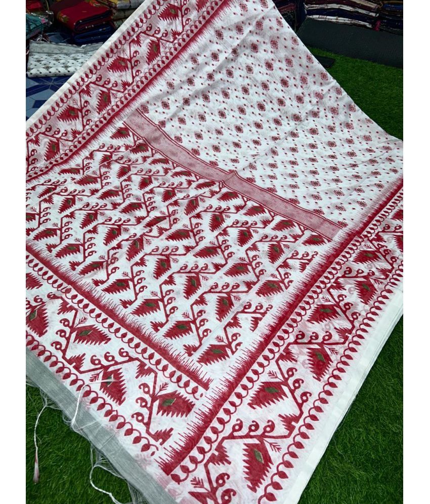     			SARADA HANDLOOM Cotton Printed Saree With Blouse Piece ( White , Pack of 1 )