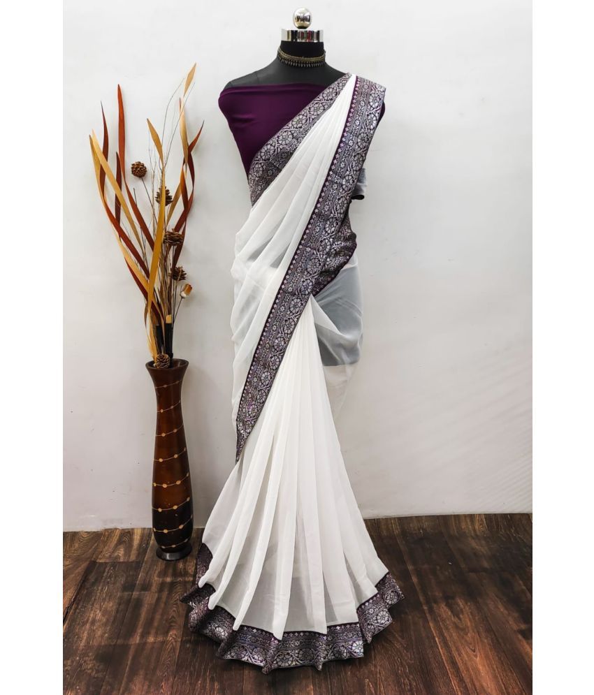     			Rangtulika Ethnics Georgette Solid Saree With Blouse Piece ( White , Pack of 1 )