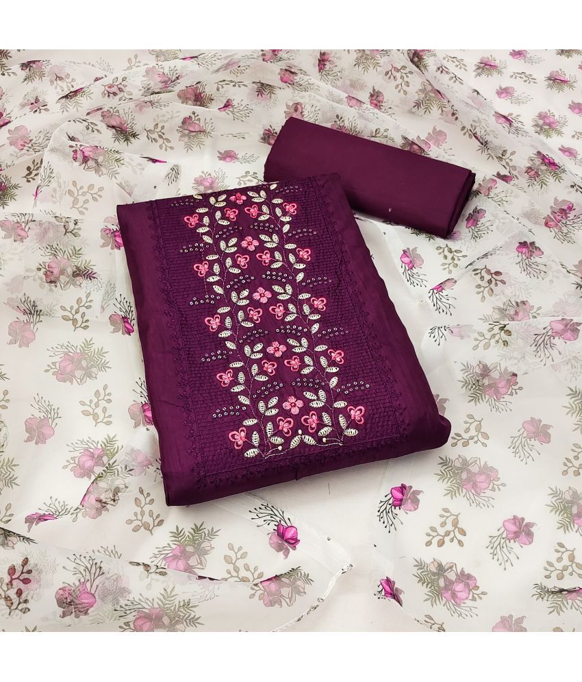     			Rangtulika Ethnics Unstitched Cotton Embroidered Dress Material - Purple ( Pack of 1 )