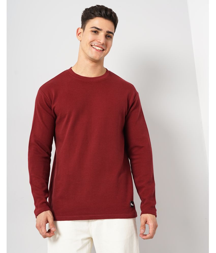     			GENOA 100% Cotton Oversized Fit Self Design Full Sleeves Men's Round T-Shirt - Maroon ( Pack of 1 )